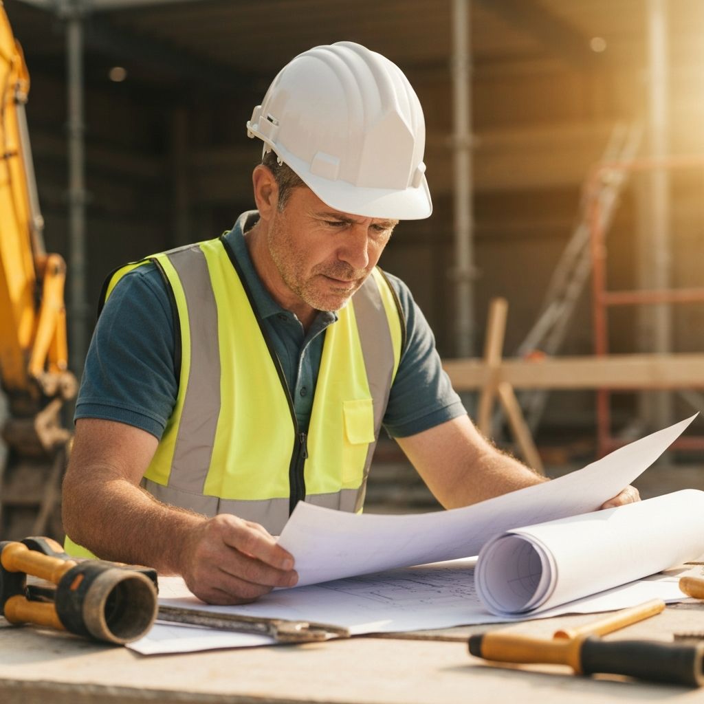 General contractor reviewing blueprints at construction site