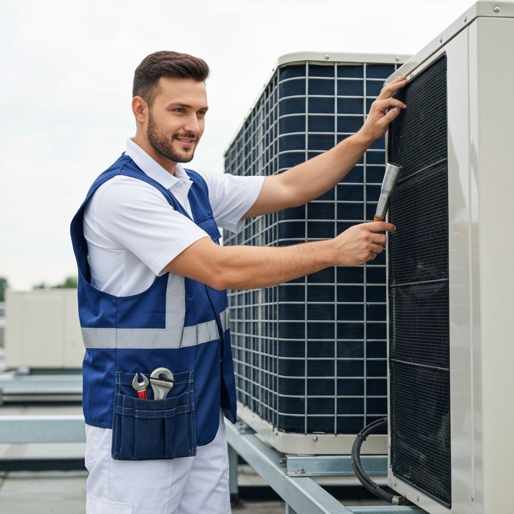 HVAC technician servicing air conditioning unit